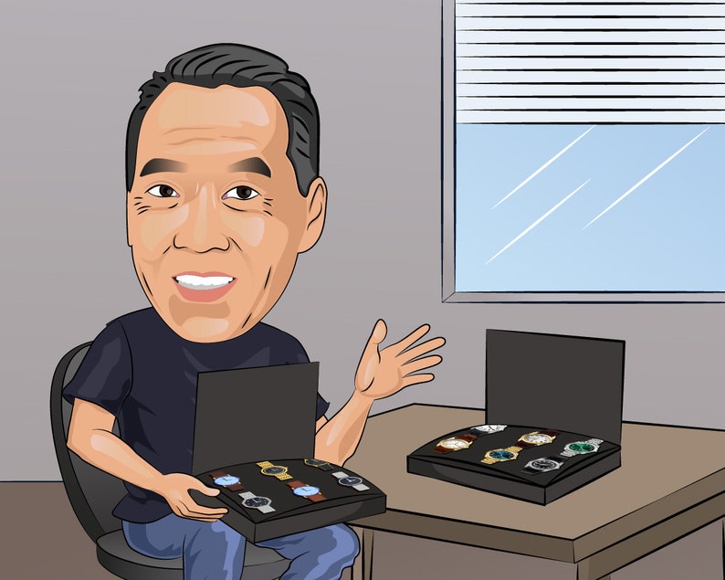 May include: A cartoon illustration of a person holding a black box with a variety of watches inside. The box is open and the watches are visible. The person is wearing a blue shirt and jeans. The background is a light gray color.