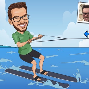 Cadeau waterskiër: aangepast karikatuurportret van jouw foto/waterski