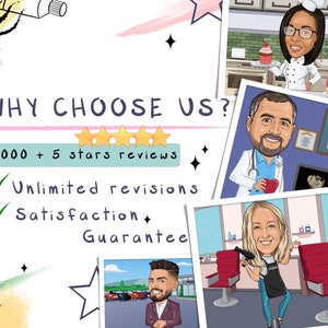 May include: A graphic with the text "WHY CHOOSE US?" and "8000 + 5 stars reviews". Below the text are tick marks with the text "Unlimited revisions" and "Satisfaction Guarantee". The graphic also features cartoon images of people in different professions, including a chef, a doctor, a hairdresser, and a car salesman.