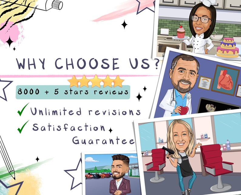 May include: A graphic with the text "WHY CHOOSE US?" and "8000 + 5 stars reviews". Below the text are tick marks with the text "Unlimited revisions" and "Satisfaction Guarantee". The graphic also features cartoon images of people in different professions, including a chef, a doctor, a hairdresser, and a car salesman.