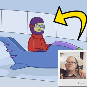 Puede incluir: Una ilustración de dibujos animados de una persona con un casco morado y un mono rojo conduciendo una nave espacial azul y morada con una flecha amarilla apuntando hacia la derecha.