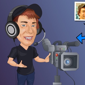 May include: A cartoon illustration of a person wearing a black cap, headphones, and a black shirt, holding a video camera. The person is looking at the camera. A smaller image of a person is in the upper right corner of the image.