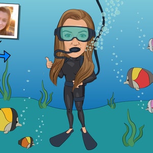 Scuba Diver Gift - Custom Caricature Portrait From Your Photo, scuba diving gifts, scuba diver art, navy diver