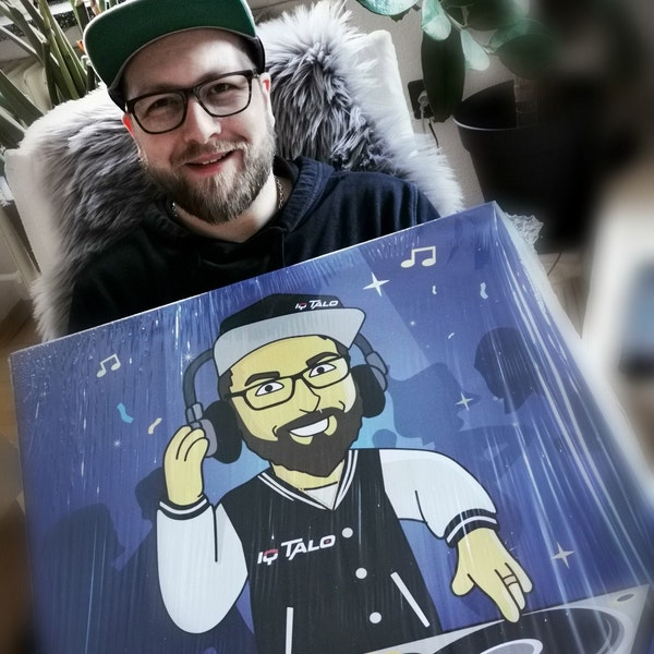 DJ-Geschenk – individuelles Porträt von Ihrem Foto als gelbe Cartoon-Figur