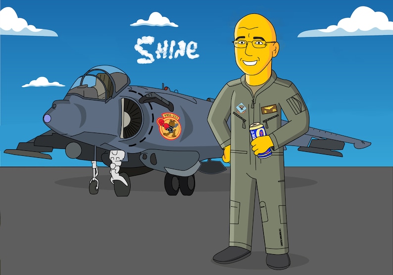 May include: Cartoon illustration of a person in a military uniform standing next to a gray jet. The person is holding a can of beer. The word "Shine" is written in the sky.