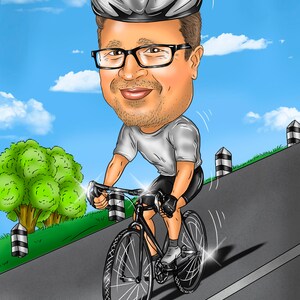 Peut inclure: Une illustration de dessin animé d'une personne portant un casque de vélo argenté et des lunettes, conduisant un vélo noir sur une route grise avec de l'herbe verte et des arbres sur le côté.