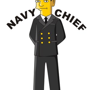 May include: Cartoon illustration of a Navy Chief in a dark navy uniform with gold buttons and a white hat. The text "NAVY CHIEF" is arched above the figure. The character has yellow skin and a stern expression.