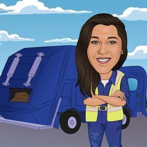 May include: A woman in a blue uniform and yellow safety vest stands in front of a blue refuse truck with her arms crossed. The truck has a brown bin inside.