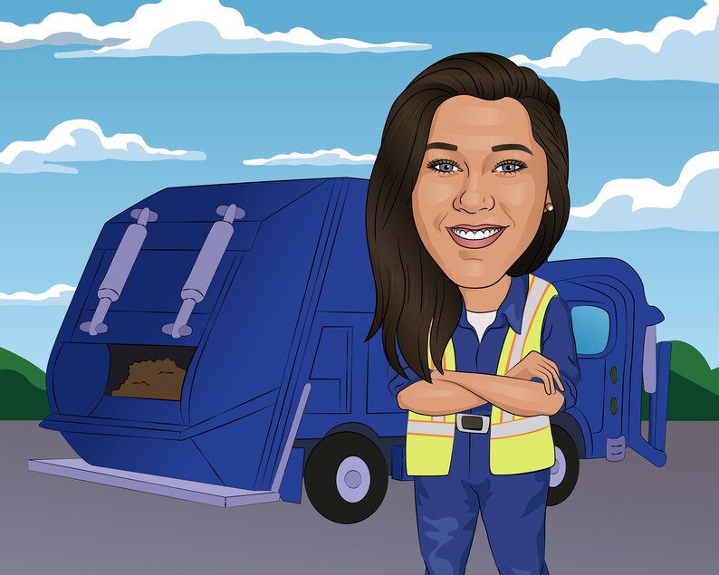 May include: A woman in a blue uniform and yellow safety vest stands in front of a blue refuse truck with her arms crossed. The truck has a brown bin inside.