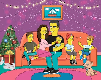 CHRISTMAS FAMILY Portrait as Yellow Characters / Family Portrait Gift / Personalized Family Xmas Gift /Cartoon Portrait Funny Christmas Gift
