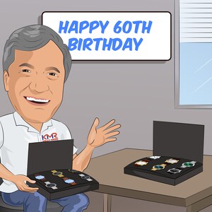May include: A man in a white shirt with a logo that says "KMR Kelly-Moss" is holding a black box with several watches inside. The box is open and the watches are visible. The man is smiling and has a sign behind him that says "Happy 60th Birthday".