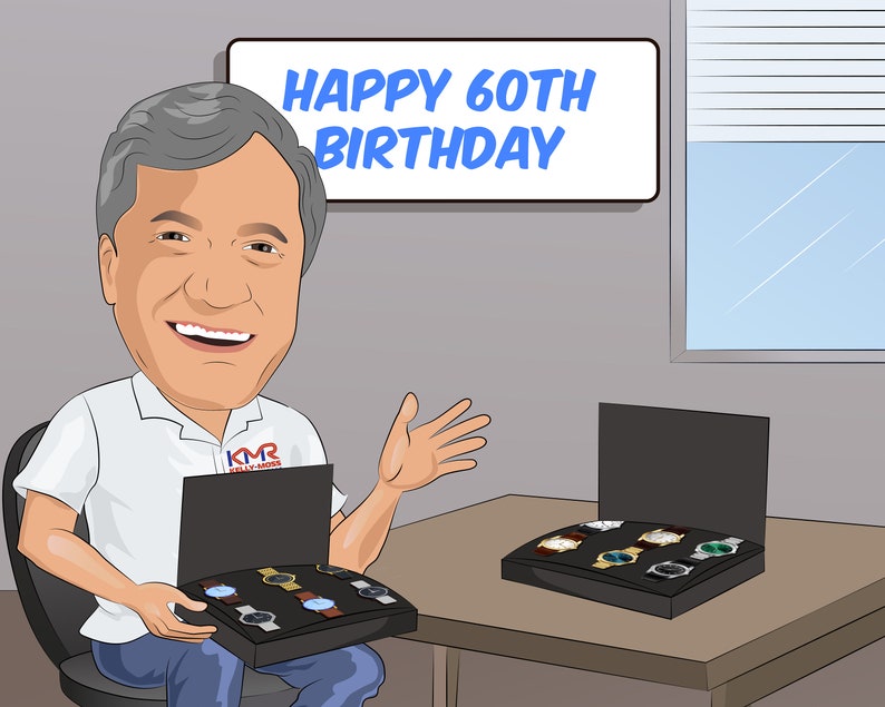 May include: A man in a white shirt with a logo that says "KMR Kelly-Moss" is holding a black box with several watches inside. The box is open and the watches are visible. The man is smiling and has a sign behind him that says "Happy 60th Birthday".