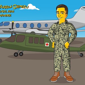 May include: Cartoon illustration of a military officer in camouflage uniform standing in front of a helicopter and a plane. The text "CPT Aaron Shimizu HHC 2/641 AVN COMMANDER" is displayed above the aircraft.