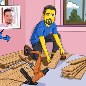 May include: A man is installing wood flooring in a room. He is kneeling on the floor and using a nail gun to secure the planks. There are several planks of wood flooring already installed and a stack of planks in the background.