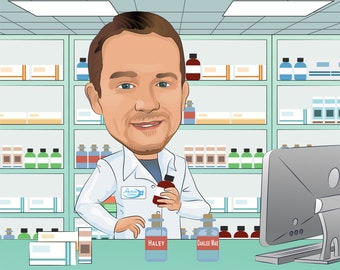 Pharmacy Tech Gift - Custom Caricature From Photo, pharmacy gift, pharm tech, cpht
