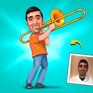 Regalo de trombonista: retrato de caricatura personalizado, trombonista, arte de trombón bajo, regalos de trombón