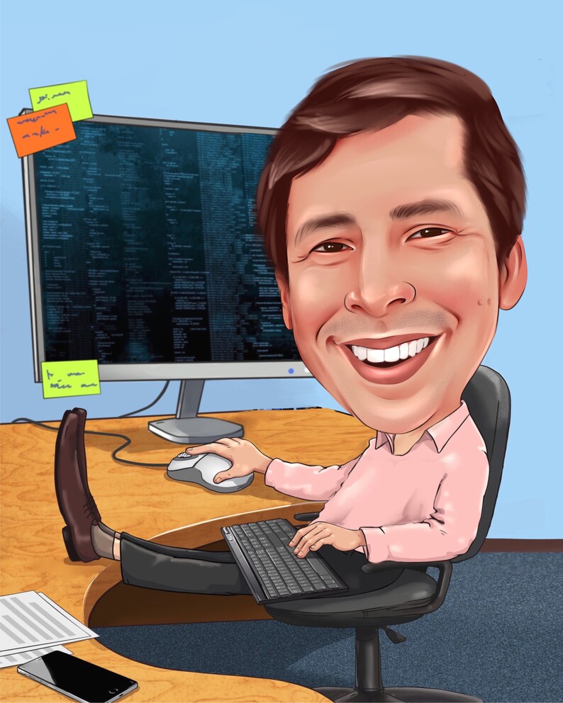 Peut inclure: Une illustration de dessin anim&eacute; d'une personne assise &agrave; un bureau avec un &eacute;cran d'ordinateur, un clavier et une souris. La personne porte une chemise rose et a les pieds sur le bureau. Il y a des notes autocollantes sur l'&eacute;cran avec du texte trop petit pour &ecirc;tre lu.
