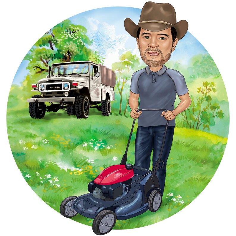 Puede incluir: Un hombre con un sombrero de vaquero marr&oacute;n est&aacute; cortando el c&eacute;sped con una cortadora de c&eacute;sped roja y negra. Una camioneta Toyota blanca est&aacute; estacionada en el fondo.