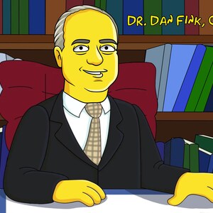 May include: A cartoon illustration of a man with yellow skin wearing a black suit and a plaid tie. He is sitting in a chair in front of a bookshelf. The text "DR. DAN FINK, CEO" is written above the bookshelf.