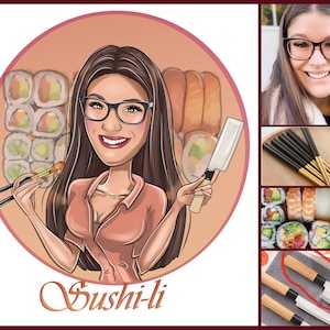 Logotipo de sushi: retrato de dibujos animados personalizado para su negocio, logotipo de barra de sushi