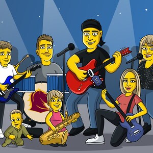 May include: A family band performing on stage. The band members are playing a guitar, a saxophone, a bass guitar, and a drum set. The band is dressed in casual clothing and has a fun and energetic vibe.