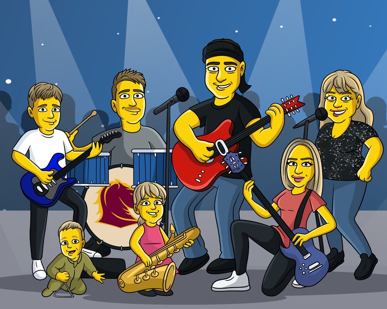 May include: A family band performing on stage. The band members are playing a guitar, a saxophone, a bass guitar, and a drum set. The band is dressed in casual clothing and has a fun and energetic vibe.