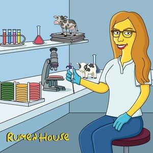 May include: A yellow-skinned woman wearing glasses and blue gloves is working in a lab. She is holding a pipette and looking at a microscope. There are petri dishes, test tubes, and a small cow figurine on the lab bench. The text "Rumen House" is visible in the lower left corner of the image.