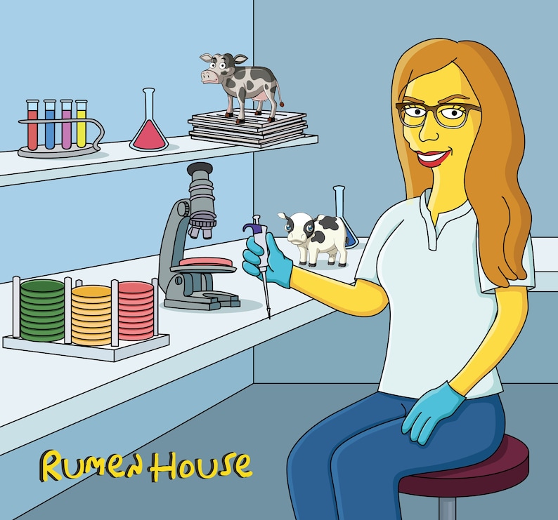 May include: A yellow-skinned woman wearing glasses and blue gloves is working in a lab. She is holding a pipette and looking at a microscope. There are petri dishes, test tubes, and a small cow figurine on the lab bench. The text "Rumen House" is visible in the lower left corner of the image.
