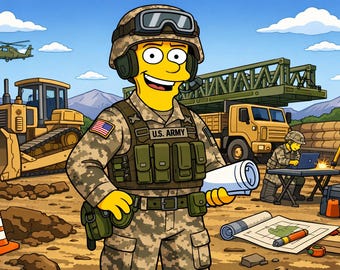 Retrato personalizado de ingeniero del ejército: personaje de dibujos animados amarillo (archivo digital)