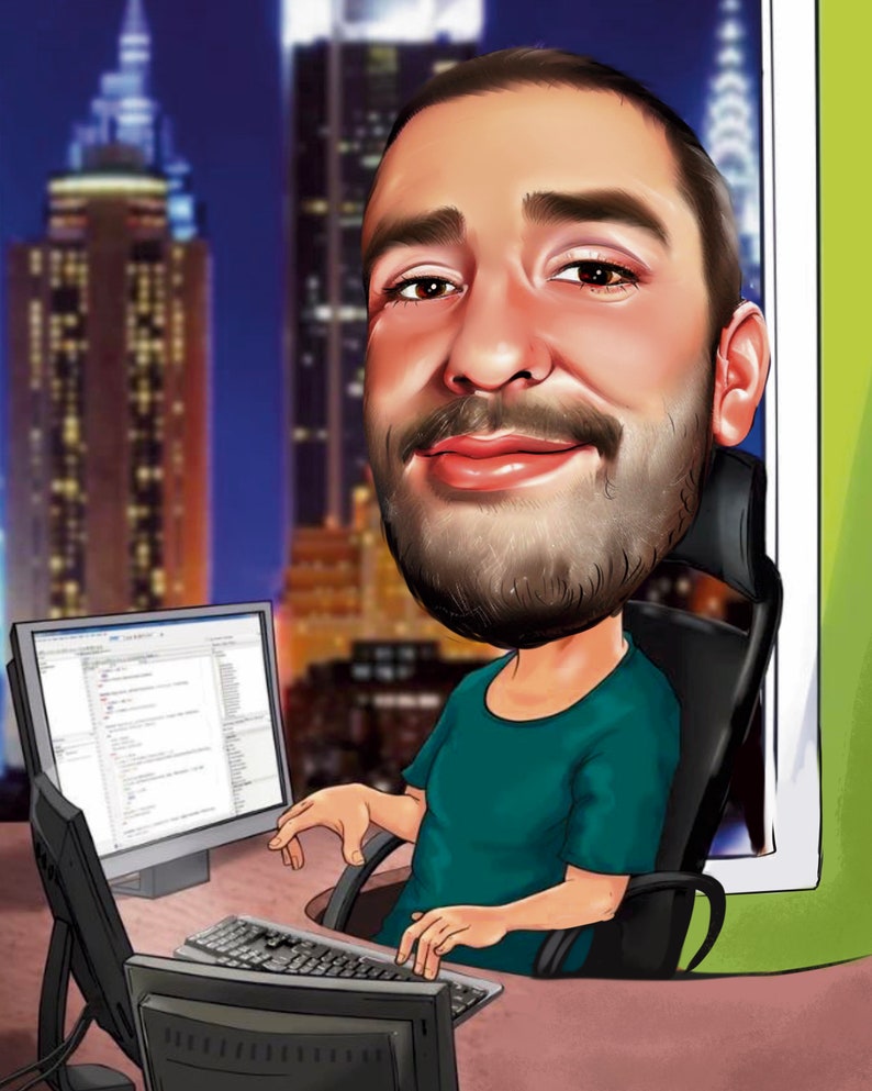 Peut inclure: Une illustration de dessin anim&eacute; d'un homme barbu assis sur une chaise devant un ordinateur. Il porte une chemise turquoise et tape sur un clavier. L'arri&egrave;re-plan est une vue nocturne d'une ville.