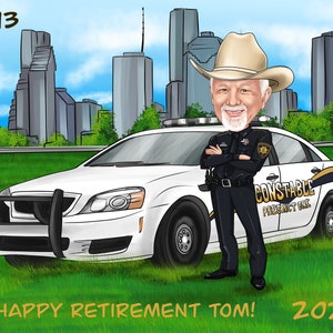 May include: A caricature of a man in a cowboy hat and police uniform standing in front of a white police car. The car has the words "Constable Precinct One" on the side. The background shows a city skyline. The text "1993" appears in the top left corner and "2023" appears in the bottom right corner. The text "Happy Retirement Tom!" appears at the bottom of the image.