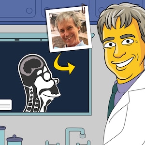May include: A cartoon doctor with yellow skin and grey hair is smiling. He is wearing a white lab coat and a purple tie. He is standing in front of a blue medical chart with a black and white image of a human head and neck. A photo of a man is pinned to the chart.
