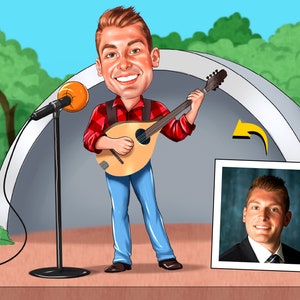 Mandolin Player Gift - Custom Caricature Portrait, Mandolin gift, Mandolin art