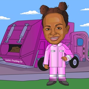 May include: A cartoon illustration of a young person wearing a pink jumpsuit and standing in front of a pink refuse truck. The truck has the words "Lucie's Trucking Co" on the side.