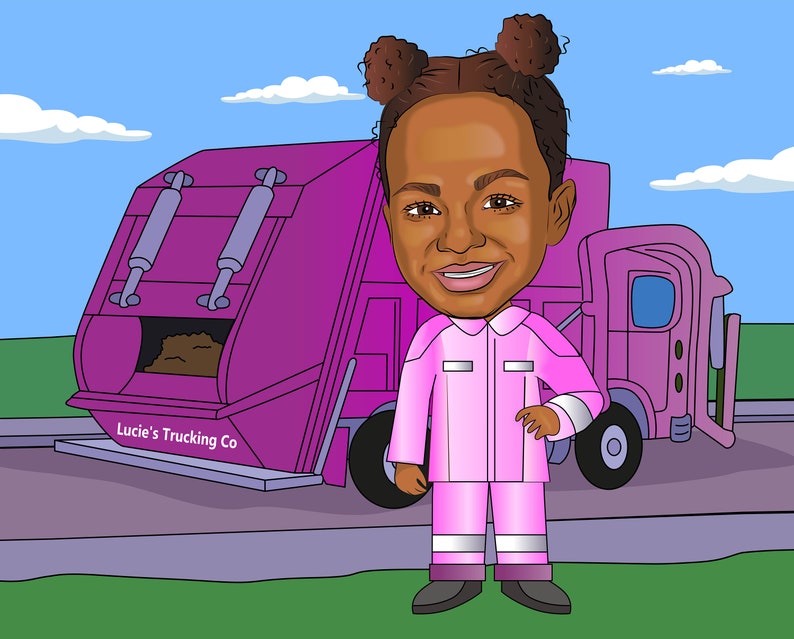 May include: A cartoon illustration of a young person wearing a pink jumpsuit and standing in front of a pink refuse truck. The truck has the words "Lucie's Trucking Co" on the side.