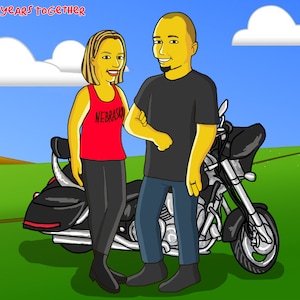 May include: A couple standing next to a black motorcycle. The woman is wearing a red tank top with the word "NEBRASKA" on it. The man is wearing a black t-shirt and blue jeans. The text "2 YEARS TOGETHER" is in the top left corner of the image.