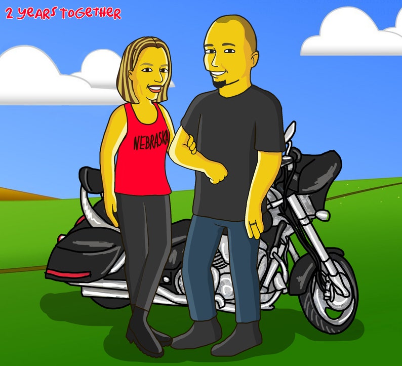 May include: A couple standing next to a black motorcycle. The woman is wearing a red tank top with the word "NEBRASKA" on it. The man is wearing a black t-shirt and blue jeans. The text "2 YEARS TOGETHER" is in the top left corner of the image.