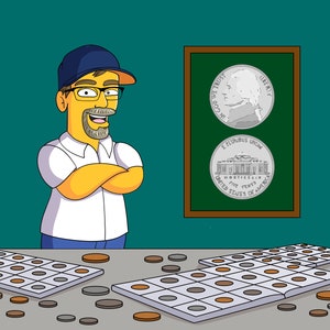 May include: A man with a beard and glasses stands with his arms crossed in front of a green chalkboard. The chalkboard has a framed picture of a nickel coin with the text "In God We Trust" and "Liberty" on one side and "E Pluribus Unum" and "Five Cents" on the other. There are several coin collecting albums open on a table in front of him.