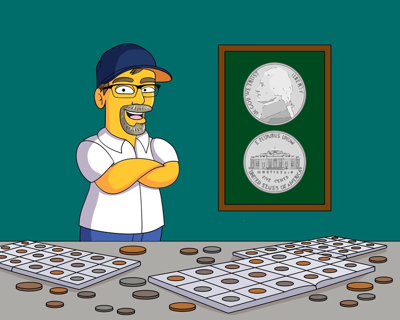 May include: A man with a beard and glasses stands with his arms crossed in front of a green chalkboard. The chalkboard has a framed picture of a nickel coin with the text "In God We Trust" and "Liberty" on one side and "E Pluribus Unum" and "Five Cents" on the other. There are several coin collecting albums open on a table in front of him.