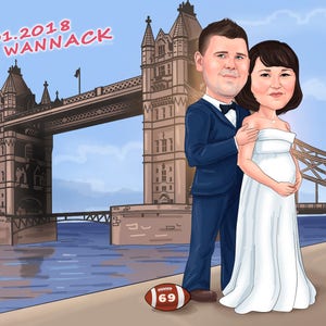 Puede incluir: Ilustraci&oacute;n de dibujos animados de una pareja frente al Tower Bridge de Londres. El hombre viste un traje azul y la mujer un vestido blanco. Un bal&oacute;n de f&uacute;tbol con el n&uacute;mero 69 est&aacute; en el suelo. El texto en la parte superior dice "18.01.2018 A & R WANNACK".