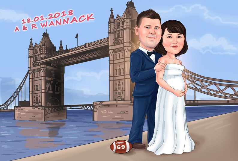 Puede incluir: Ilustraci&oacute;n de dibujos animados de una pareja frente al Tower Bridge de Londres. El hombre viste un traje azul y la mujer un vestido blanco. Un bal&oacute;n de f&uacute;tbol con el n&uacute;mero 69 est&aacute; en el suelo. El texto en la parte superior dice "18.01.2018 A & R WANNACK".