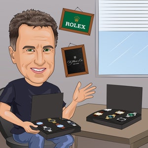 May include: A cartoon illustration of a man holding a black box with a variety of watches inside. The box is open and the watches are visible. The man is wearing a blue shirt and jeans. There are two signs on the wall behind him, one that says "ROLEX" and another that says "A. Moser & Cie. Gen&egrave;ve".