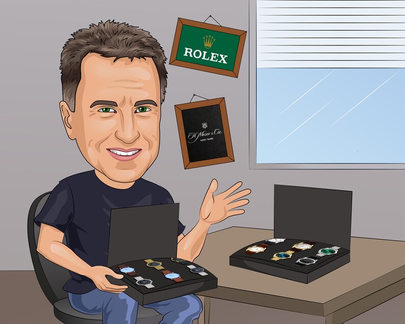 May include: A cartoon illustration of a man holding a black box with a variety of watches inside. The box is open and the watches are visible. The man is wearing a blue shirt and jeans. There are two signs on the wall behind him, one that says "ROLEX" and another that says "A. Moser & Cie. Gen&egrave;ve".