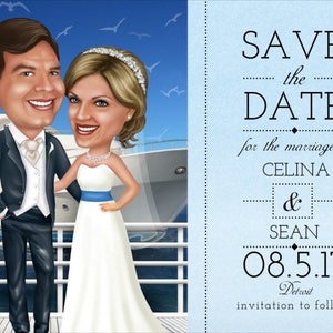 Puede incluir: Ilustraci&oacute;n de dibujos animados de una pareja en un barco, vestidos con atuendos de boda, con un perro. La novia lleva un vestido blanco con una faja azul. El novio lleva un esmoquin. El texto dice: "SAVE the DATE for the marriage of CELINA & SEAN 08.5.17 Detroit."