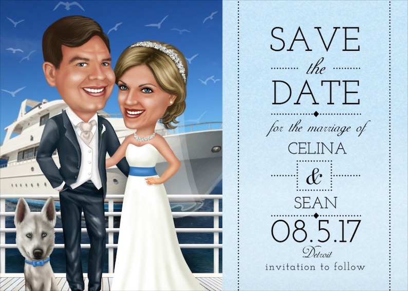 Puede incluir: Ilustraci&oacute;n de dibujos animados de una pareja en un barco, vestidos con atuendos de boda, con un perro. La novia lleva un vestido blanco con una faja azul. El novio lleva un esmoquin. El texto dice: "SAVE the DATE for the marriage of CELINA & SEAN 08.5.17 Detroit."