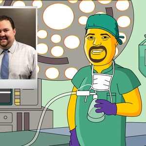May include: A cartoon illustration of a doctor in a green surgical scrub top and a green surgical cap. The doctor is wearing a surgical mask and holding a breathing mask. The doctor is standing in an operating room with a medical machine and a IV bag in the background.