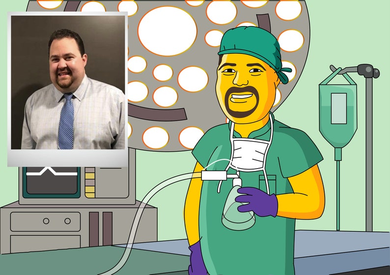 May include: A cartoon illustration of a doctor in a green surgical scrub top and a green surgical cap. The doctor is wearing a surgical mask and holding a breathing mask. The doctor is standing in an operating room with a medical machine and a IV bag in the background.