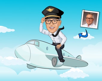 Airline Pilot Gift - Custom Caricature Portrait From Your Photo, gifts for pilots, pilot retirement