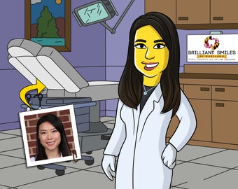 May include: A cartoon illustration of a dentist in a white lab coat with a yellow face and long black hair. The dentist is standing in a dental office with a dental chair and a sign that reads "Brilliant Smiles of Maryland".