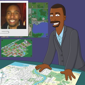 May include: A cartoon illustration of a person standing at a desk with a map spread out in front of them. The map is a detailed city plan with streets, parks, and waterways. There are three framed pictures on the wall behind the person. One picture is a photo of a person, another is a cartoon illustration of a city, and the third is a cartoon illustration of a map.